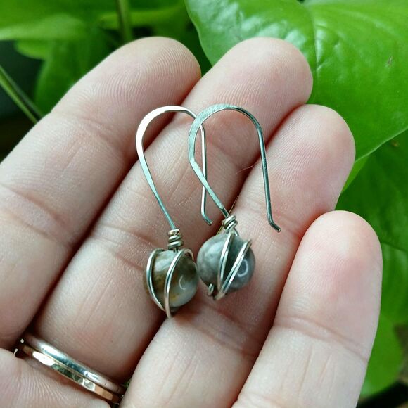 Hammered Wire Wrapped Amazonite Gemstone Dangle Earrings, 1.5" - Picture 4 of 4